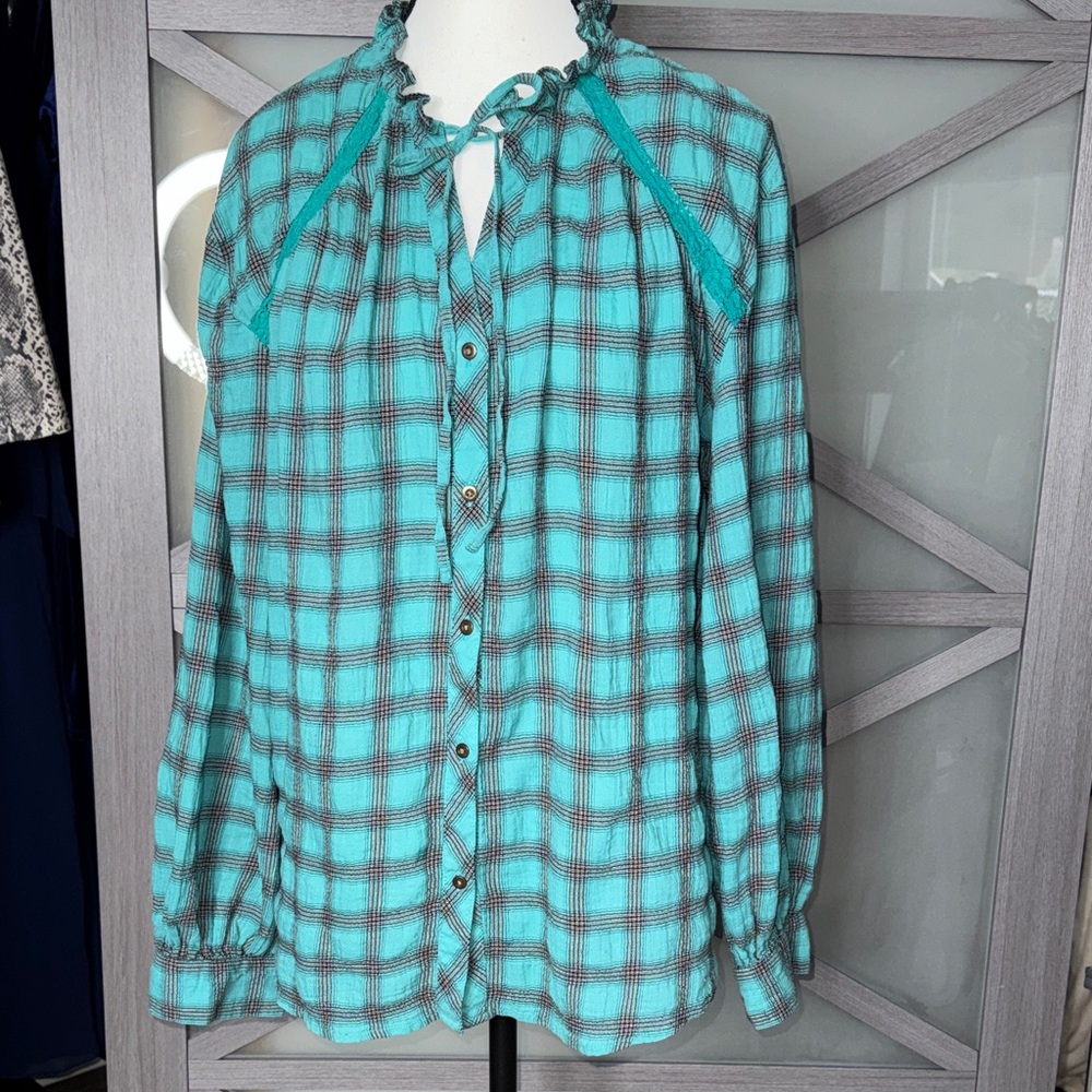 Sundance Heather Highland Blouse Turquoise Plaid Ruffle Boho Women’s M